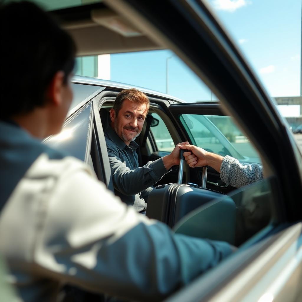 A host helping a guest at the airport